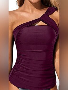 One-Shoulder Ruched Tankini 2-Piece in Plum